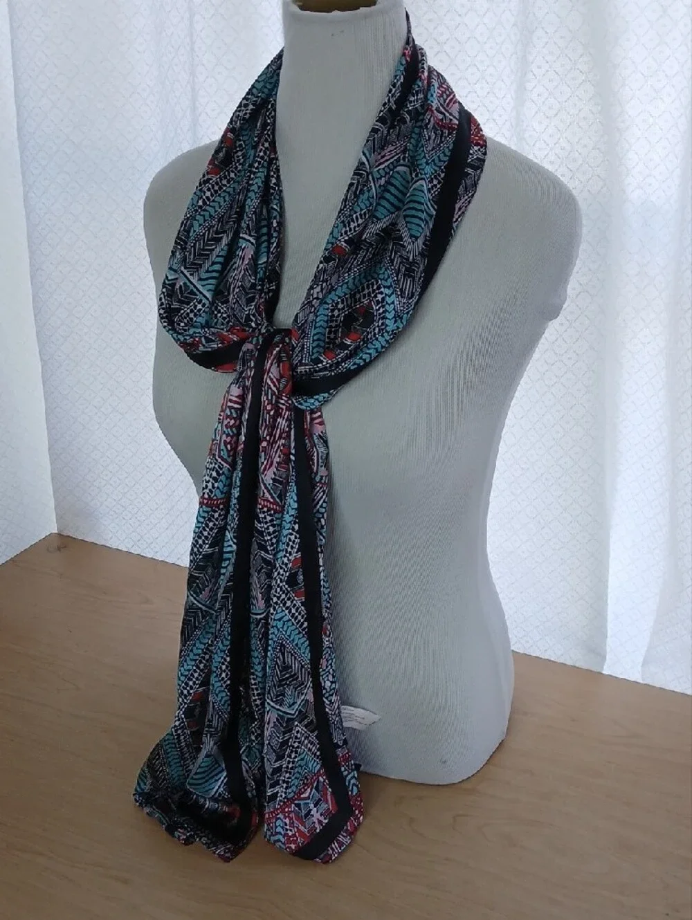 Geometric Tribal Print Lightweight Scarf Wrap - Black, Teal & Red
